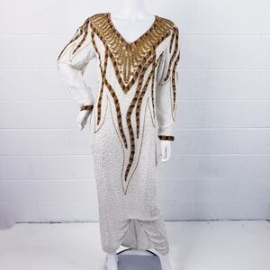 Vintage White and Gold Silk Beaded Sequin Formal Gown Cocktail Dress Size 8